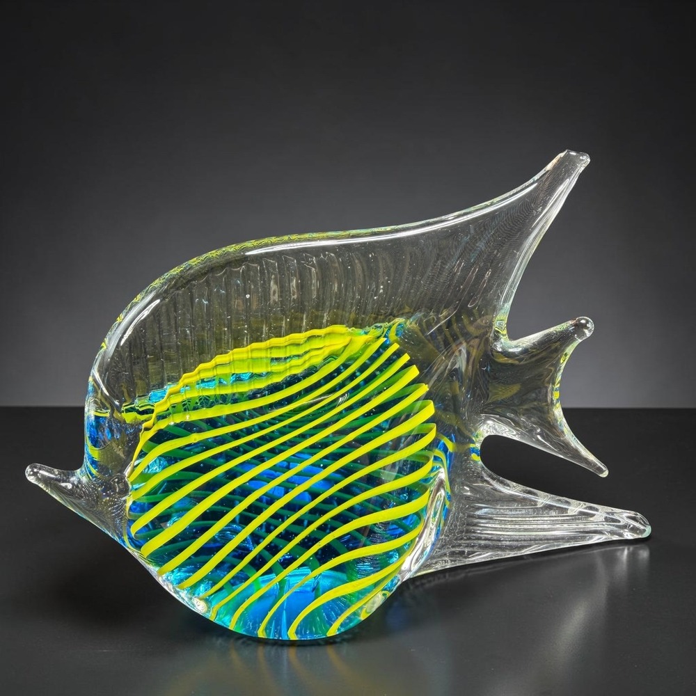 Italian Glass Fish Figurine Blue Yellow Swirl Glass Sculpture Paperweight Heavy